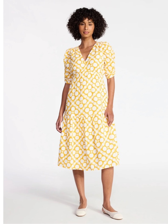 Time and Tru Dresses & Skirts - NWT Time and Tru Women's Cotton Tiered Dot Tile Saffron Gold Midi Dress XL 16/18
